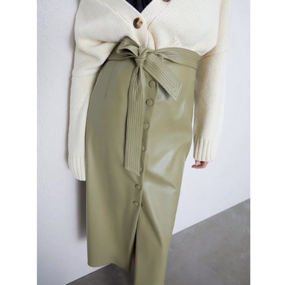 Zara | vegan leather self tie belted midi skirt